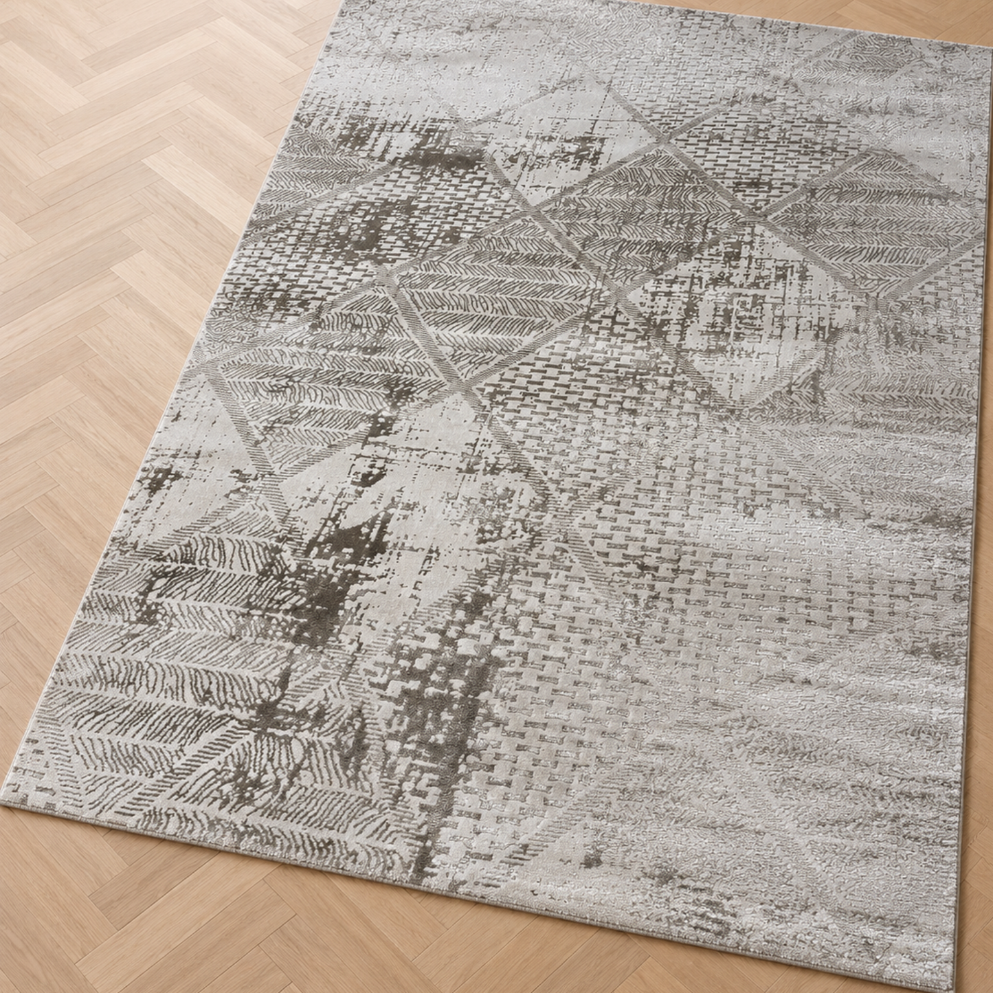 Cafe geometric patterned rug on a wooden floor