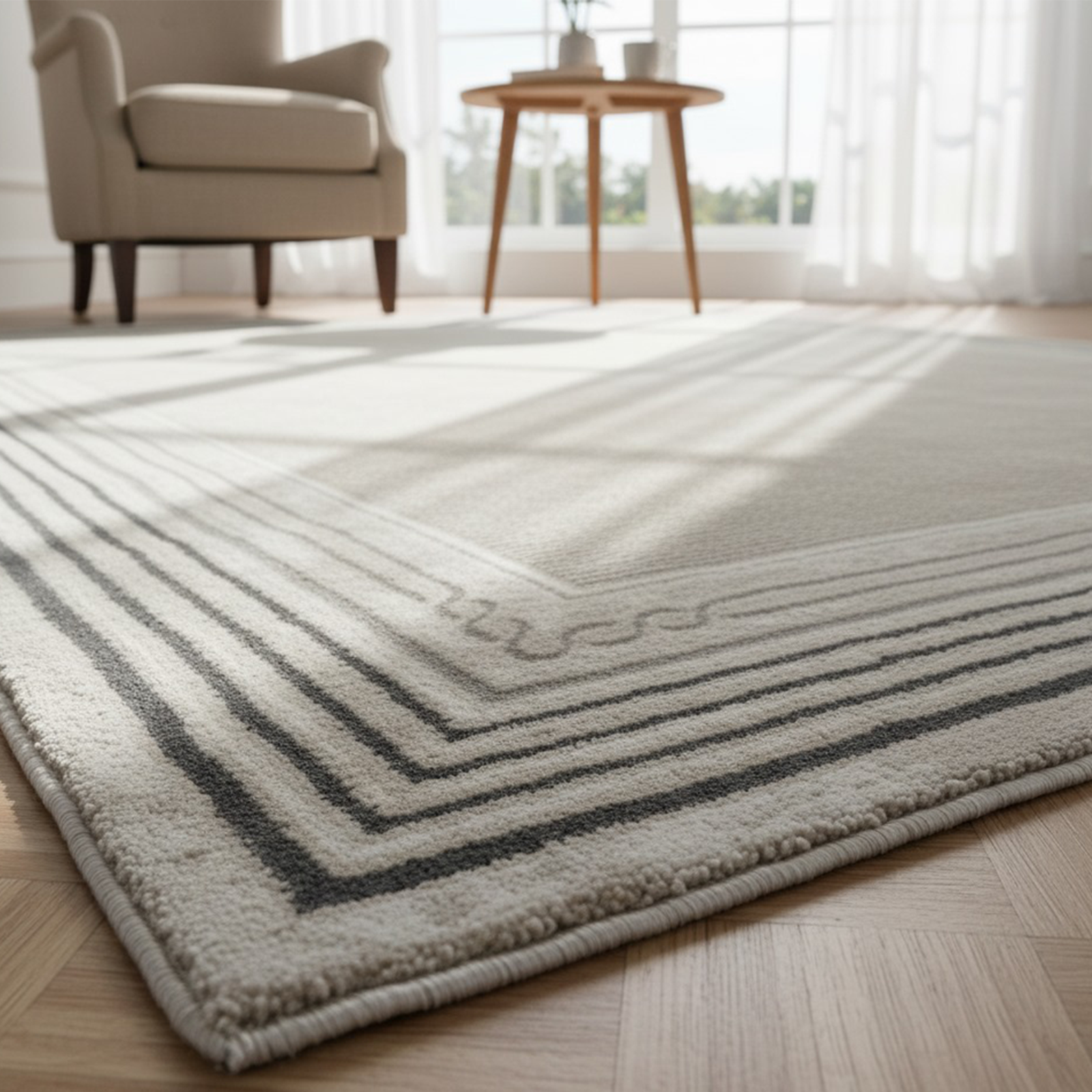 Striped area rug on a wooden floor with a blurred background of a living room.