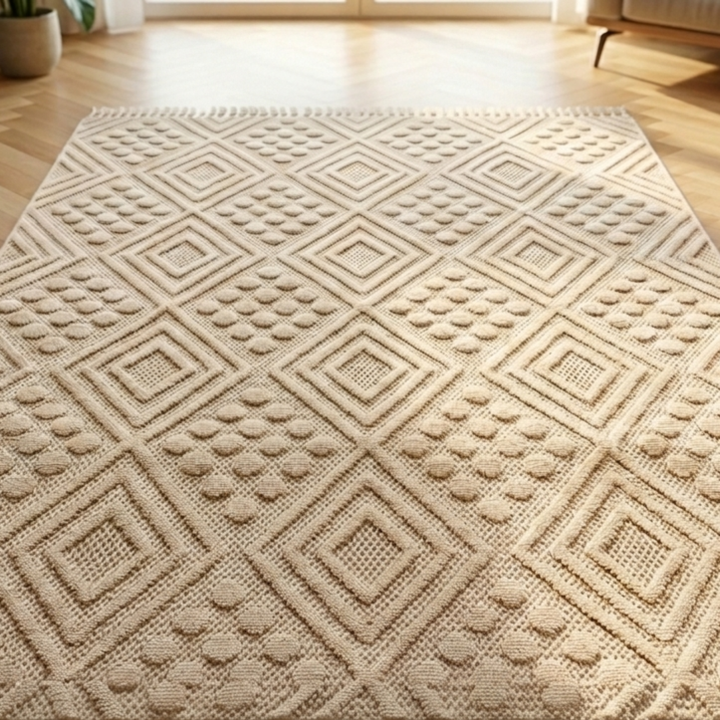 Beige textured area rug on a wooden floor