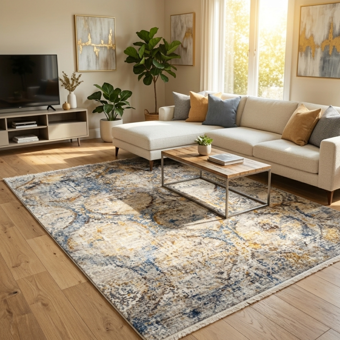 Living room with a sectional sofa, coffee table, and decorative rug.