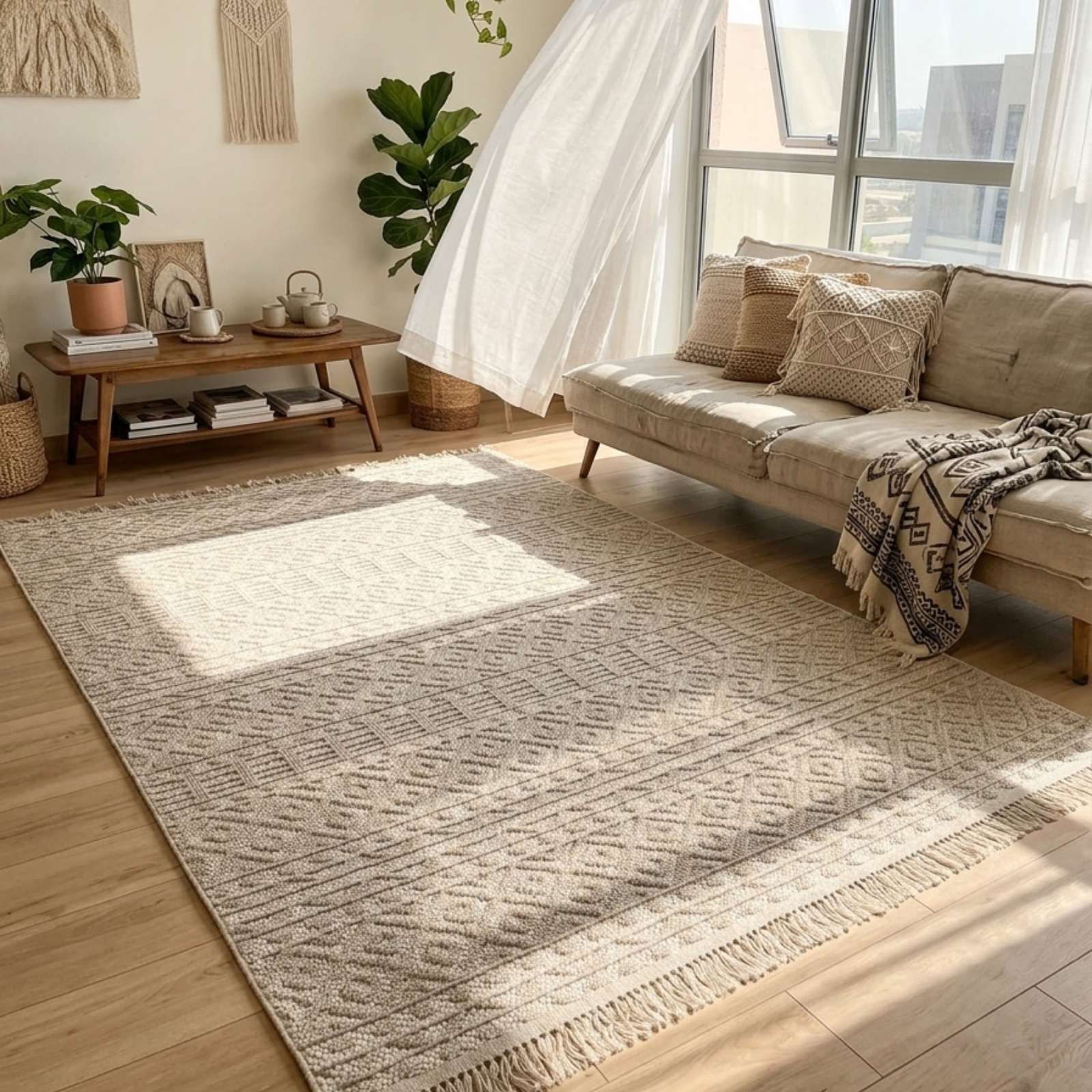 Living room with a patterned rug, sofa, and decorative items.